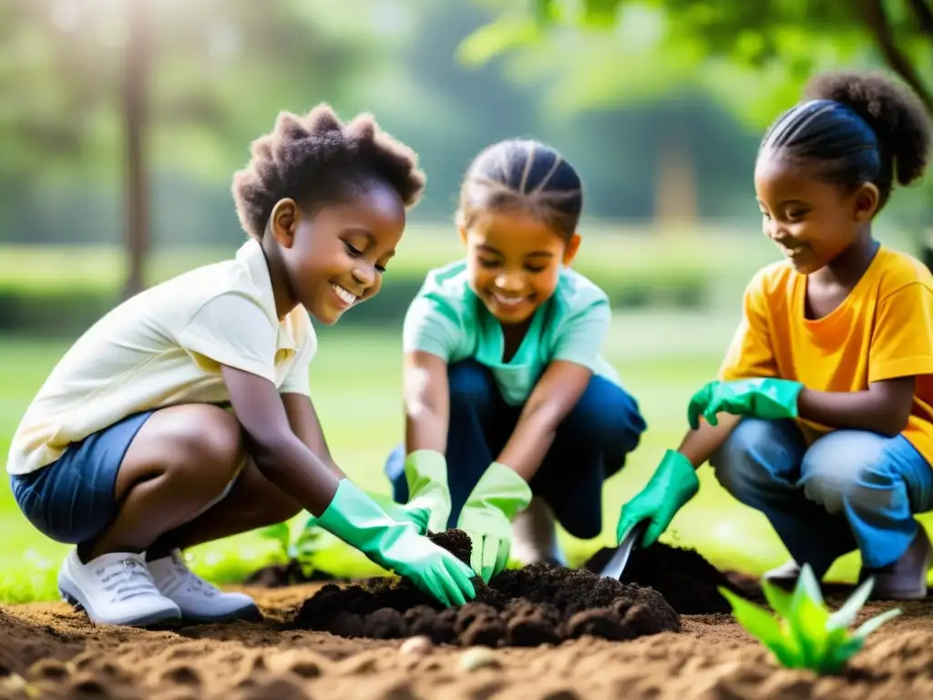 Niños disfrutando de la educación ambiental al plantar árboles en un parque verde, con el sol iluminando la escena