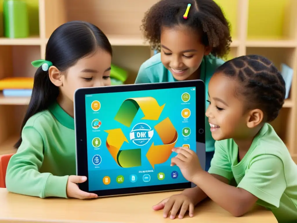 Niños disfrutan una app educativa para reciclar con gráficos coloridos e integración educativa, fomentando la sostenibilidad