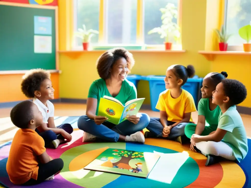 Niños escuchan atentos a su maestra leer un cuento sobre reciclaje en un aula colorida