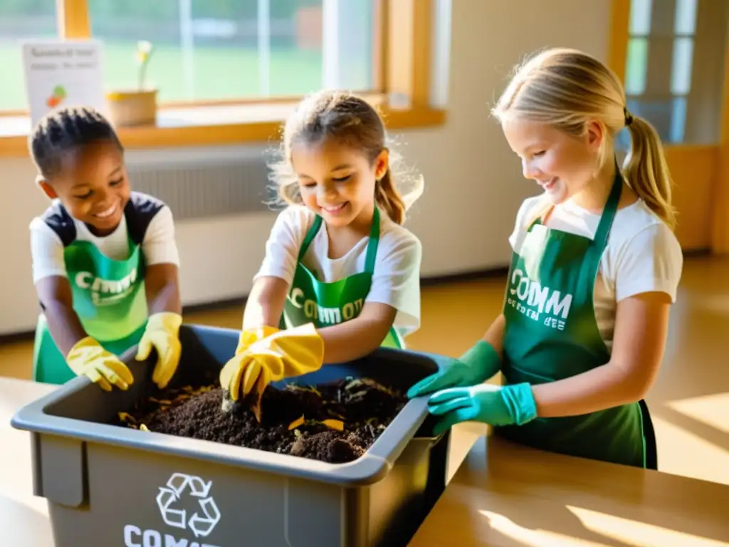 Niños en un aula luminosa añadiendo residuos orgánicos a un compostaje, guiados por su maestra