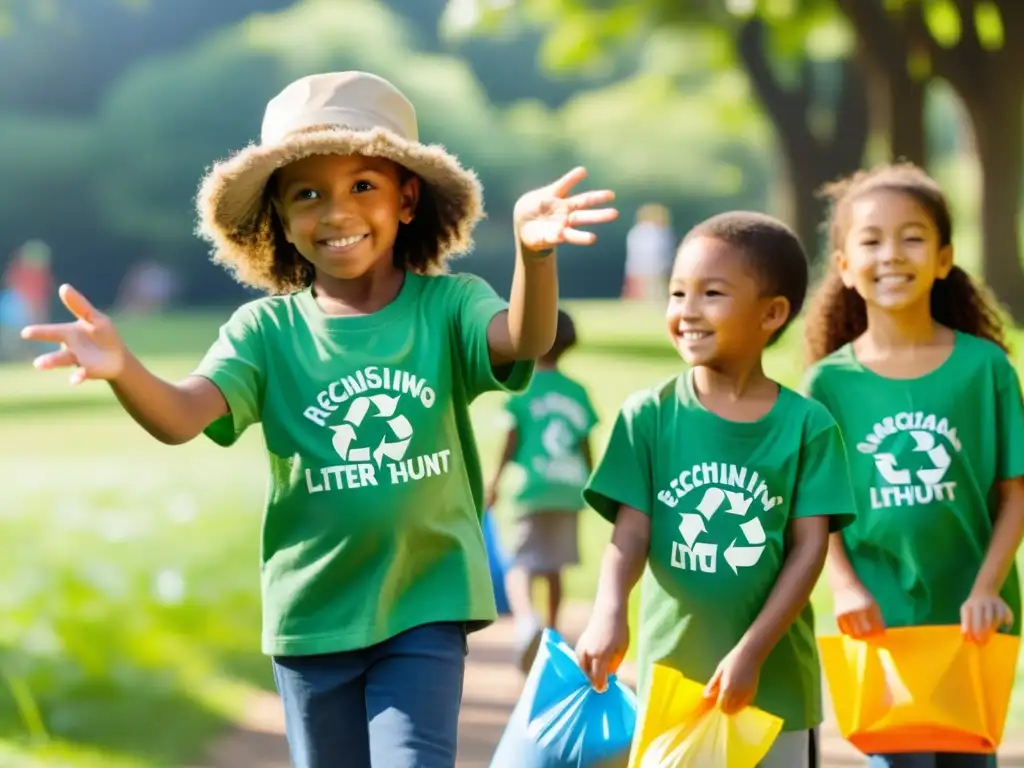 Niños organizando gincana ecológica, recogiendo basura en el parque con alegría y entusiasmo