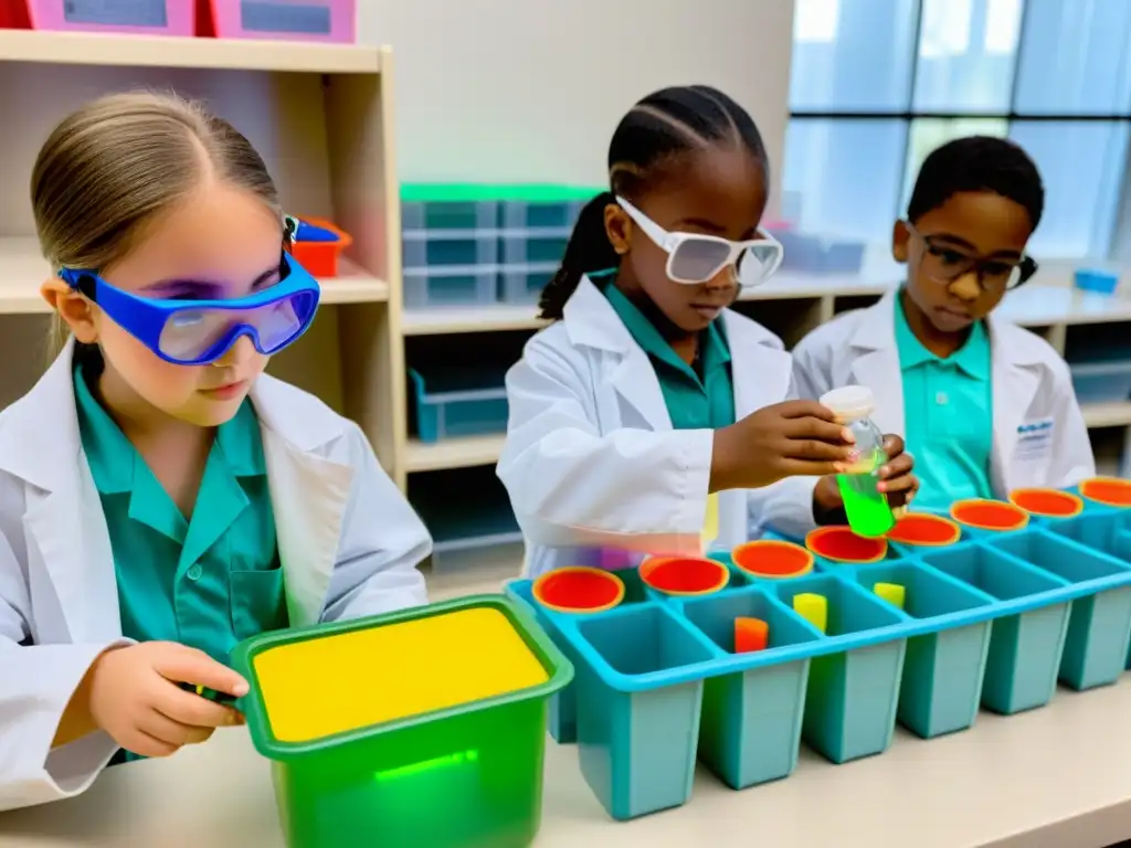 Niños disfrutan de la ciencia divertida reciclando en un laboratorio lleno de color y experimentos educativos