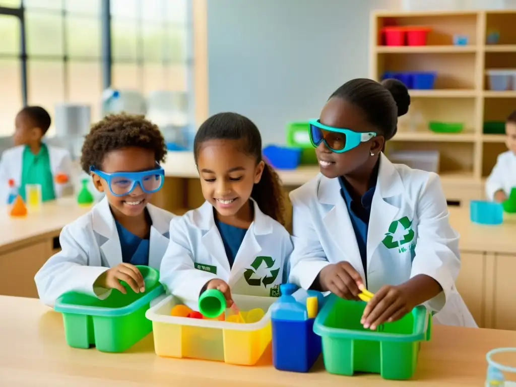 Niños disfrutando de la ciencia reciclando en un laboratorio brillante con materiales coloridos