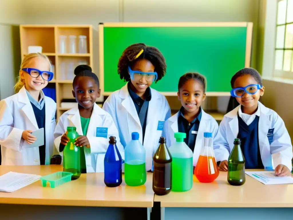 Niños disfrutan de la ciencia, reciclando materiales en un experimento educativo