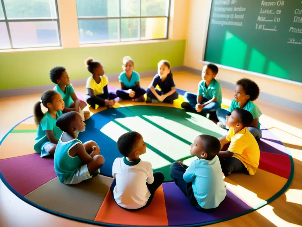 Niños en círculo en clase colorida, escuchando sobre reciclaje en la educación infantil