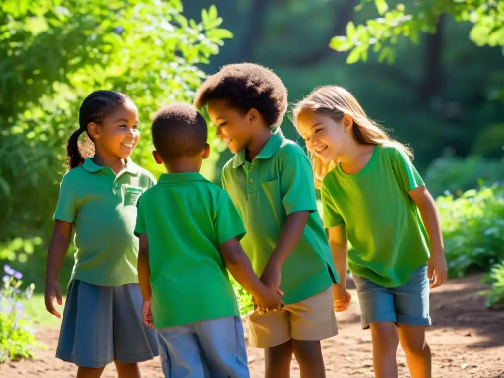 Niños en círculo, admirando la naturaleza, llevando plantas