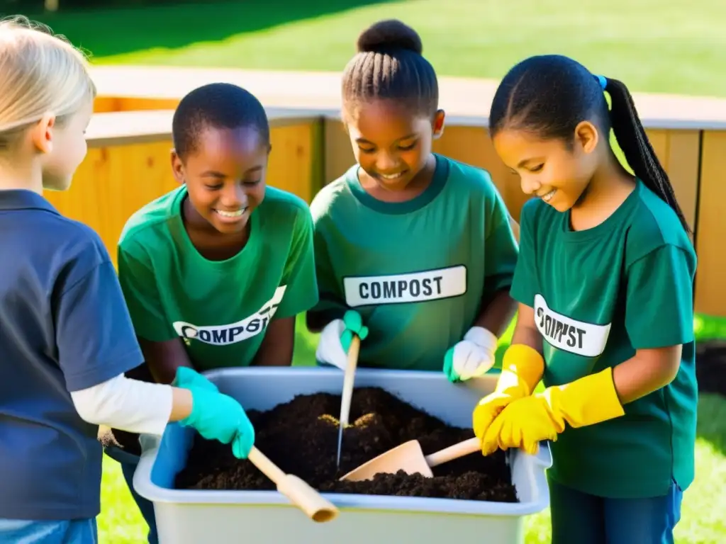 Niños en clase al aire libre aprendiendo ciencia del compostaje con entusiasmo