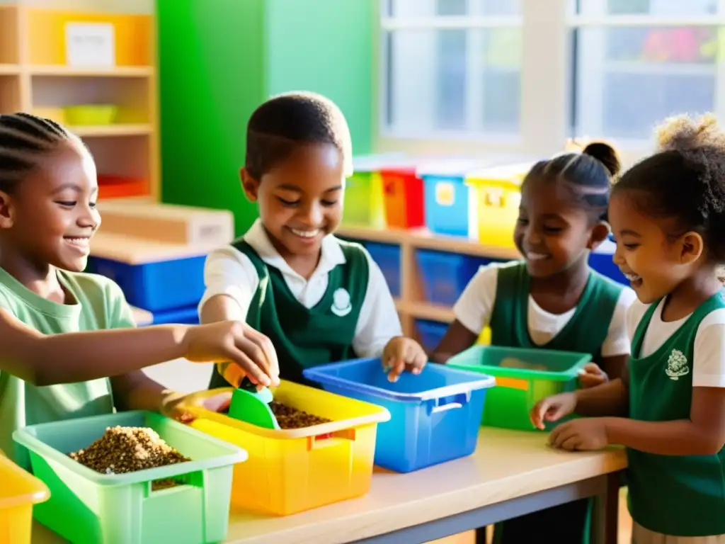 Niños en clase realizan experimento con materiales reciclados, fomentando la importancia del reciclaje y la conciencia ambiental