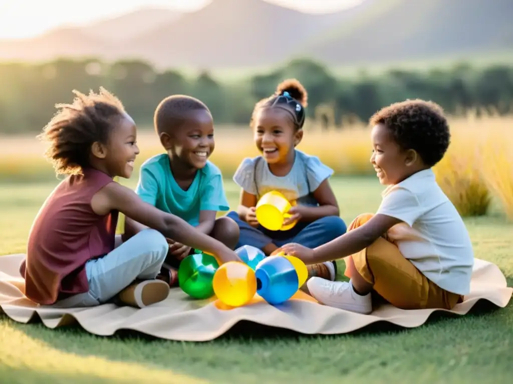 Niños jugando con coloridos juguetes reciclados al atardecer en un campo de hierba, mostrando creatividad y diversión sostenible