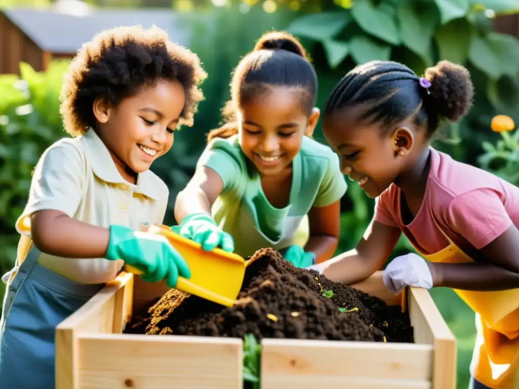 Niños disfrutan compostaje en casa, aprendiendo sobre la naturaleza y el medio ambiente rodeados de plantas y flores vibrantes