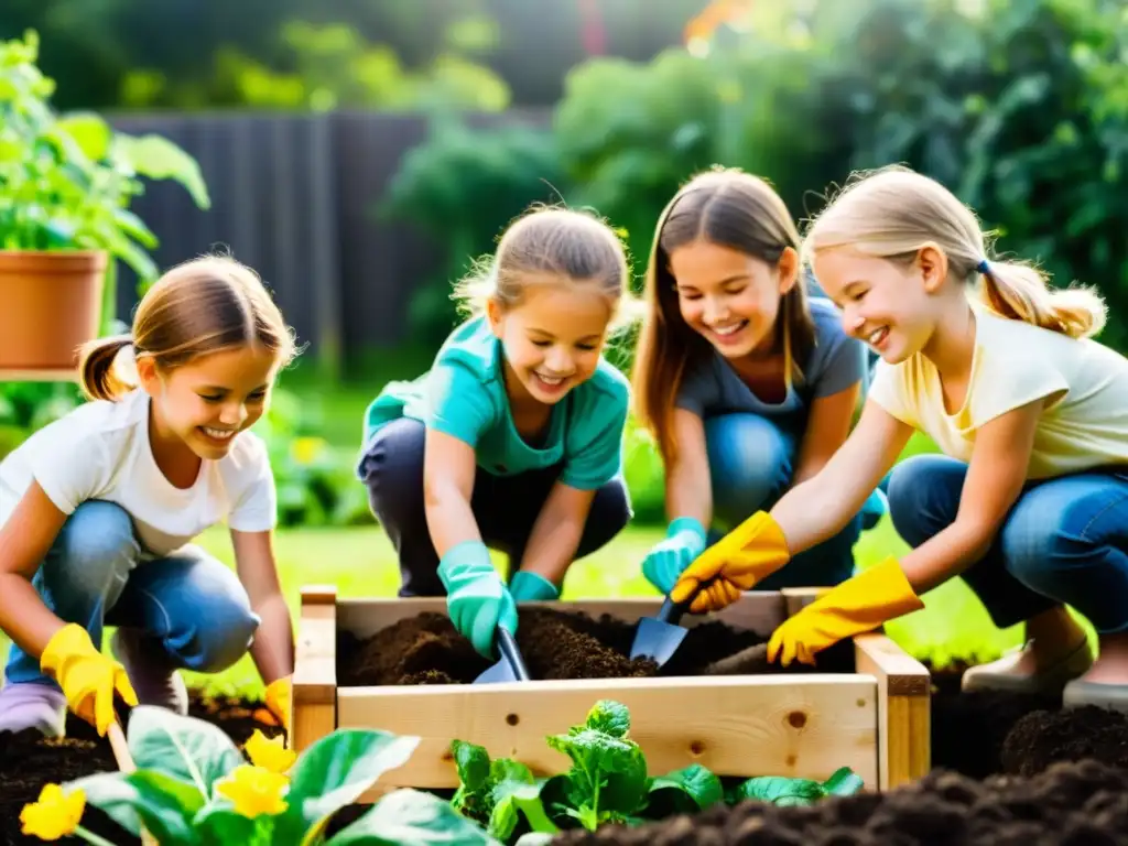 Niños disfrutan del compostaje en jardinería, mezclando compost en camas elevadas con sonrisas y alegría bajo el cálido sol