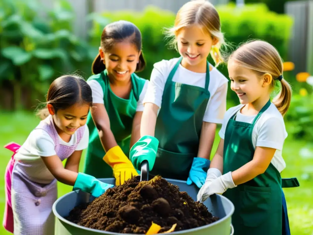 Niños de preescolar exploran un compostaje divertido en el jardín, con delantales y guantes coloridos