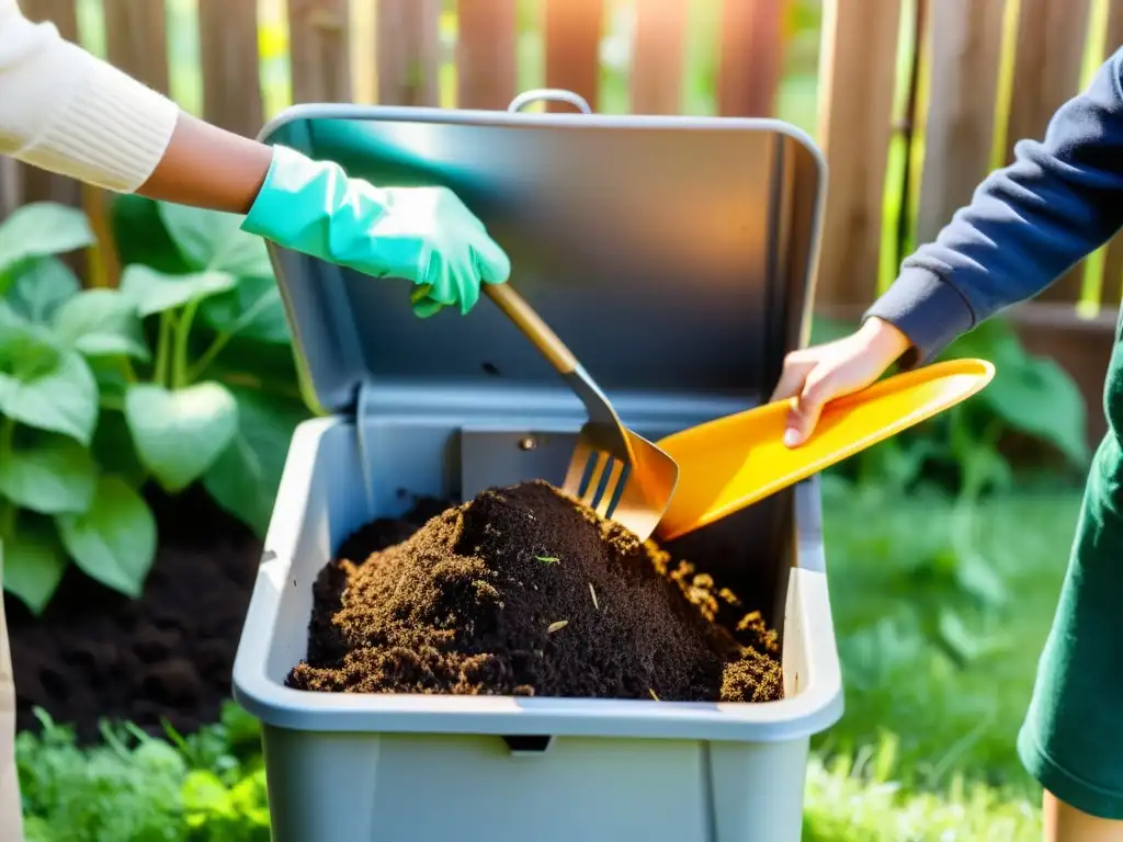 Niños realizando compostaje doméstico, aprendiendo y divirtiéndose en el jardín con herramientas de jardinería y un contenedor de compost
