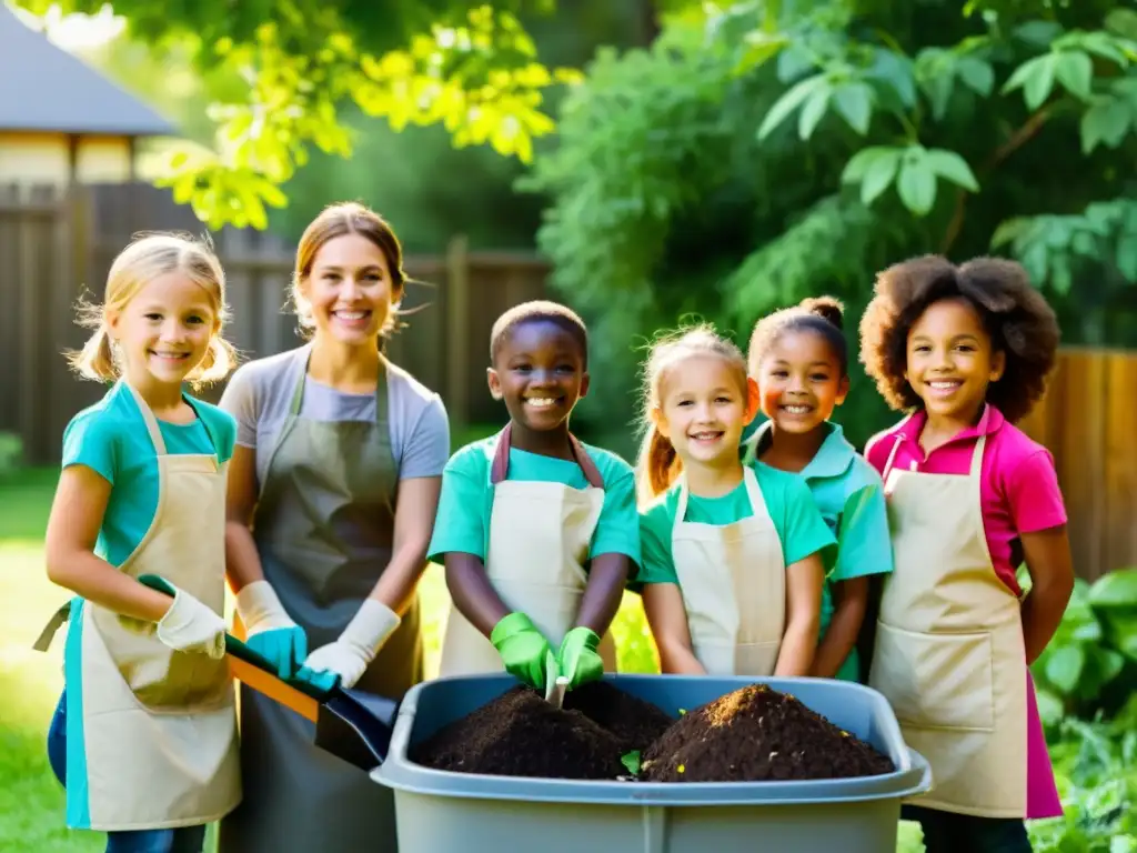 Niños aprenden sobre compostaje doméstico en un jardín, rodeados de naturaleza y sonrisas