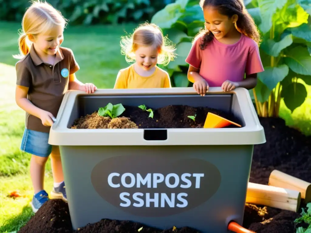 Niños aprendiendo compostaje, emocionados y curiosos, mientras juegan con la compostera