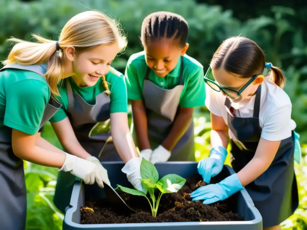 Niños explorando el compostaje en el jardín escolar, demostraciones prácticas compostaje hogar