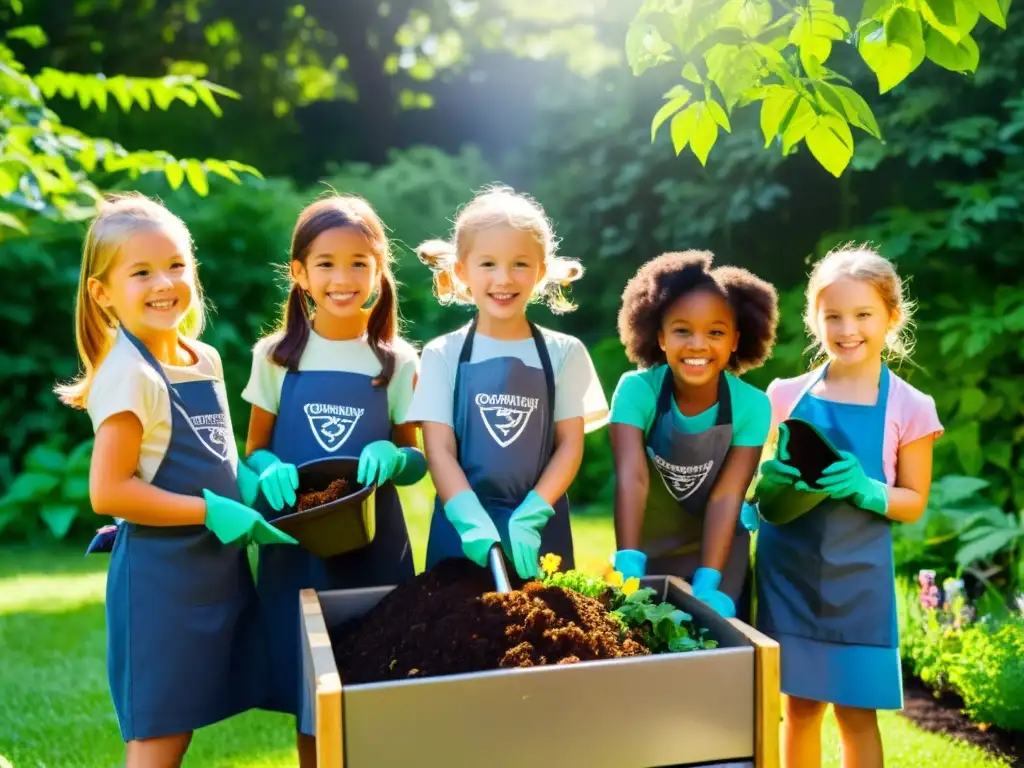 Niños aprendiendo sobre compostaje en un hermoso jardín, rodeados de naturaleza, con delantales y guantes de jardinería