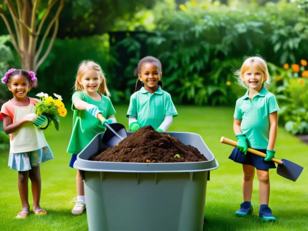 Niños disfrutan del compostaje en jardinería, rodeados de naturaleza vibrante y colorida