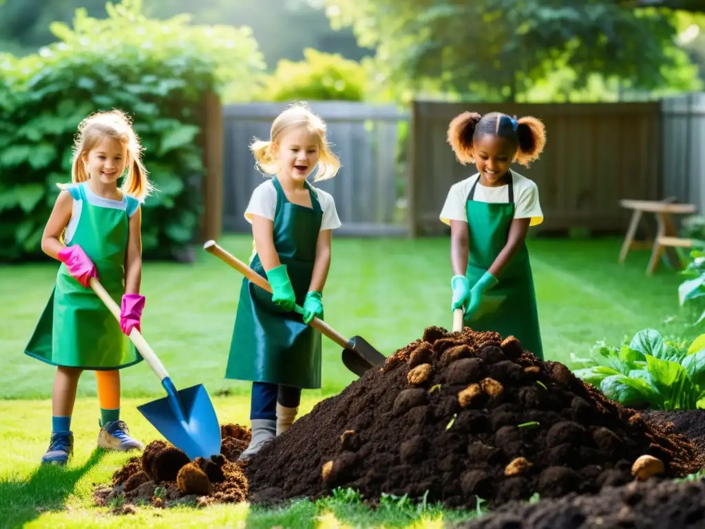 Niños aprendiendo sobre compostaje en el jardín, trabajando juntos para aerar el montón de compost