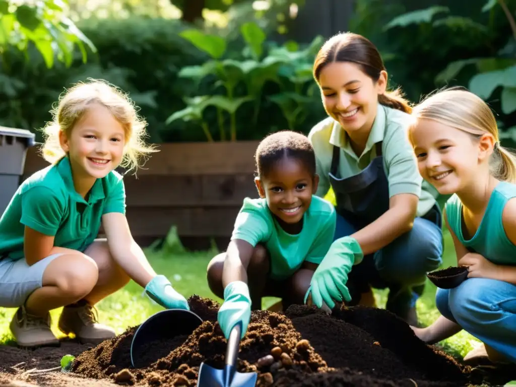 Niños explorando compostaje en el jardín, rodeados de naturaleza