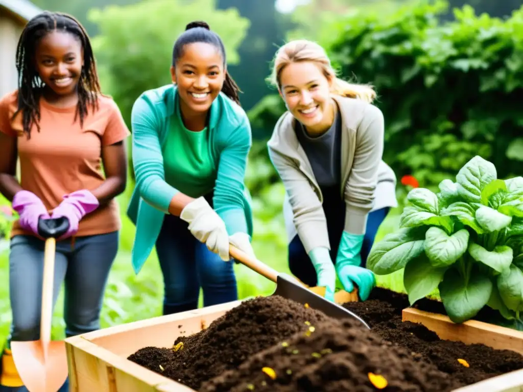 Niños disfrutan compostaje y sostenibilidad en un jardín escolar con supervisión adulta, reflejando alegría y educación ambiental