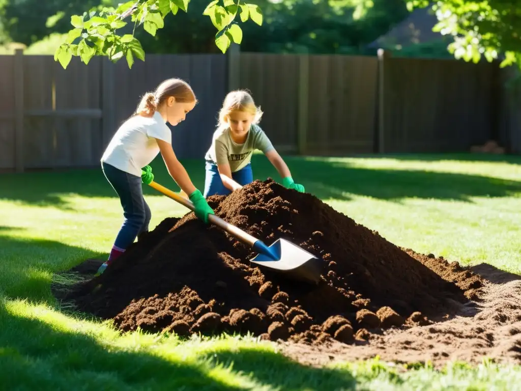 Niños aprendiendo sobre compostaje y sostenibilidad mientras trabajan en el jardín