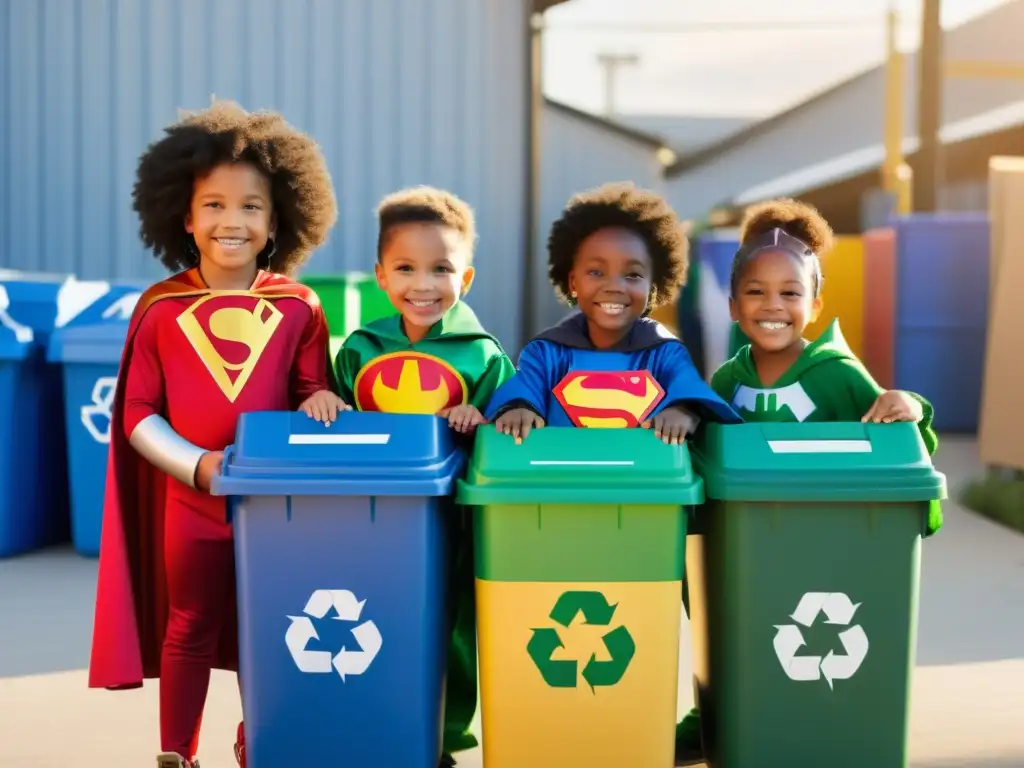 Niños disfrazados de superhéroes frente a centro de reciclaje, promoviendo responsabilidad ambiental con sus trajes hechos de materiales reciclados