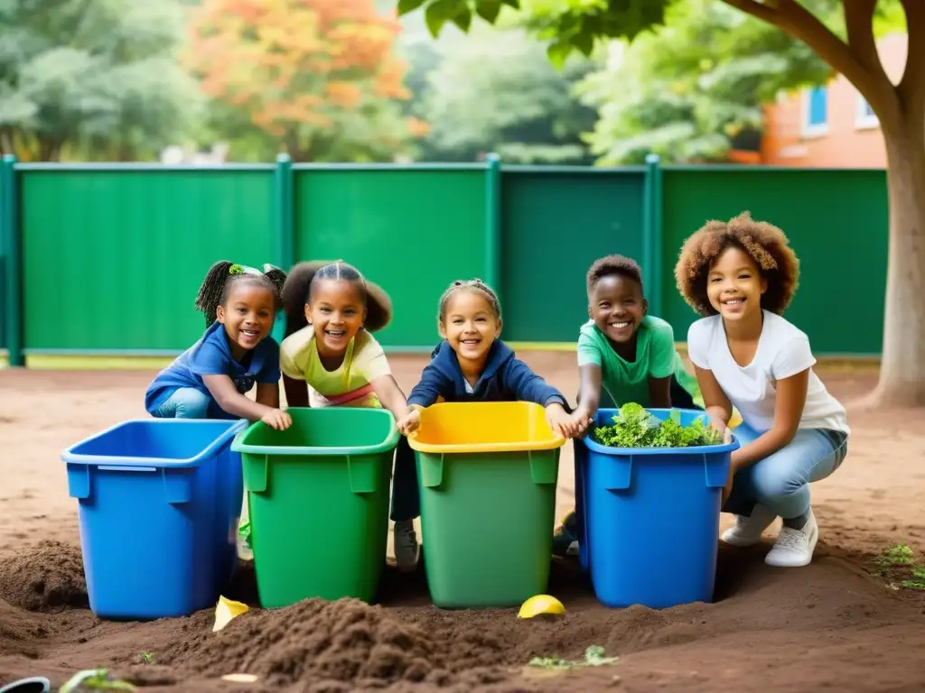 Niños diversos disfrutan de la educación ambiental en un patio de juegos vibrante y frondoso, plantando flores y reciclando