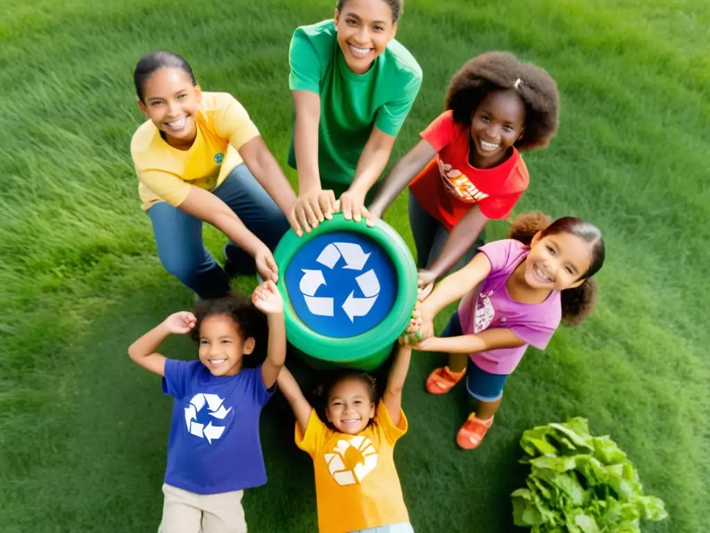 Niños de diferentes edades y etnias, usando camisetas coloridas, disfrutan de una gincana ecológica