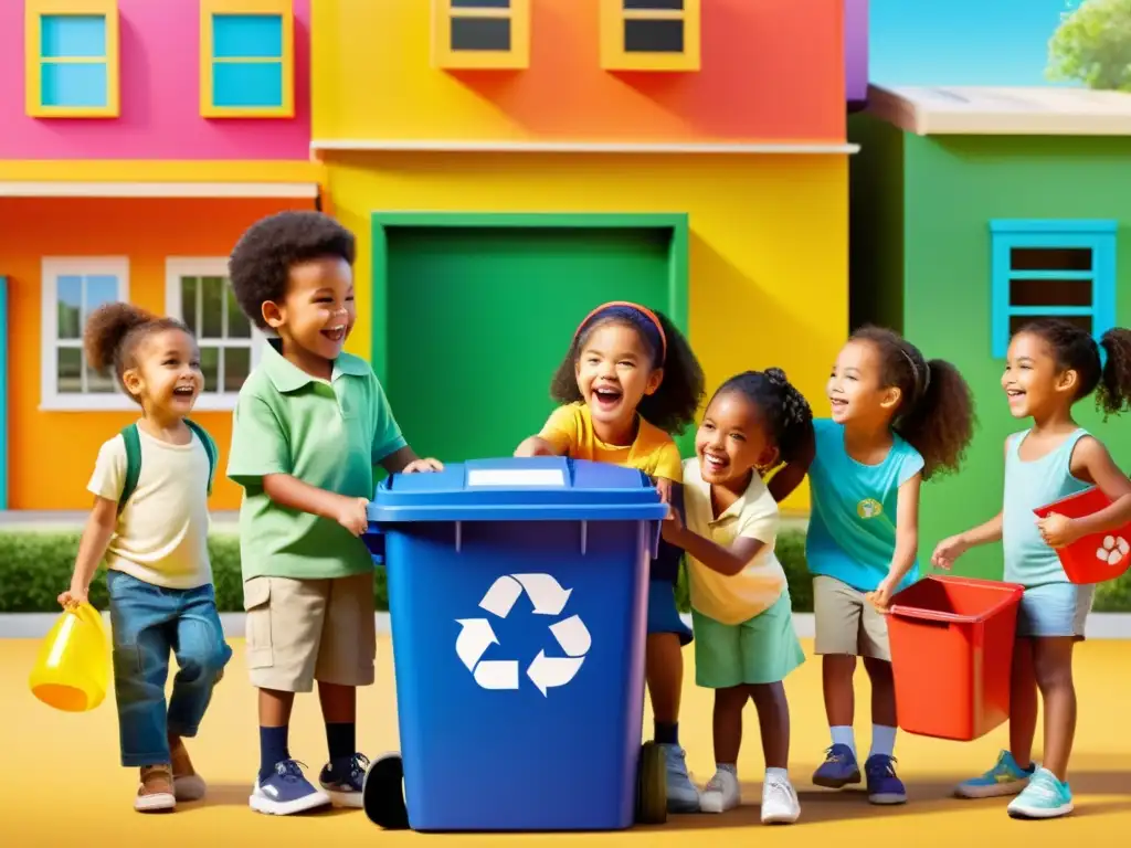 Niños de diferentes edades y etnias disfrutan aprendiendo sobre reciclaje, lanzando materiales reciclables alegremente en un contenedor colorido