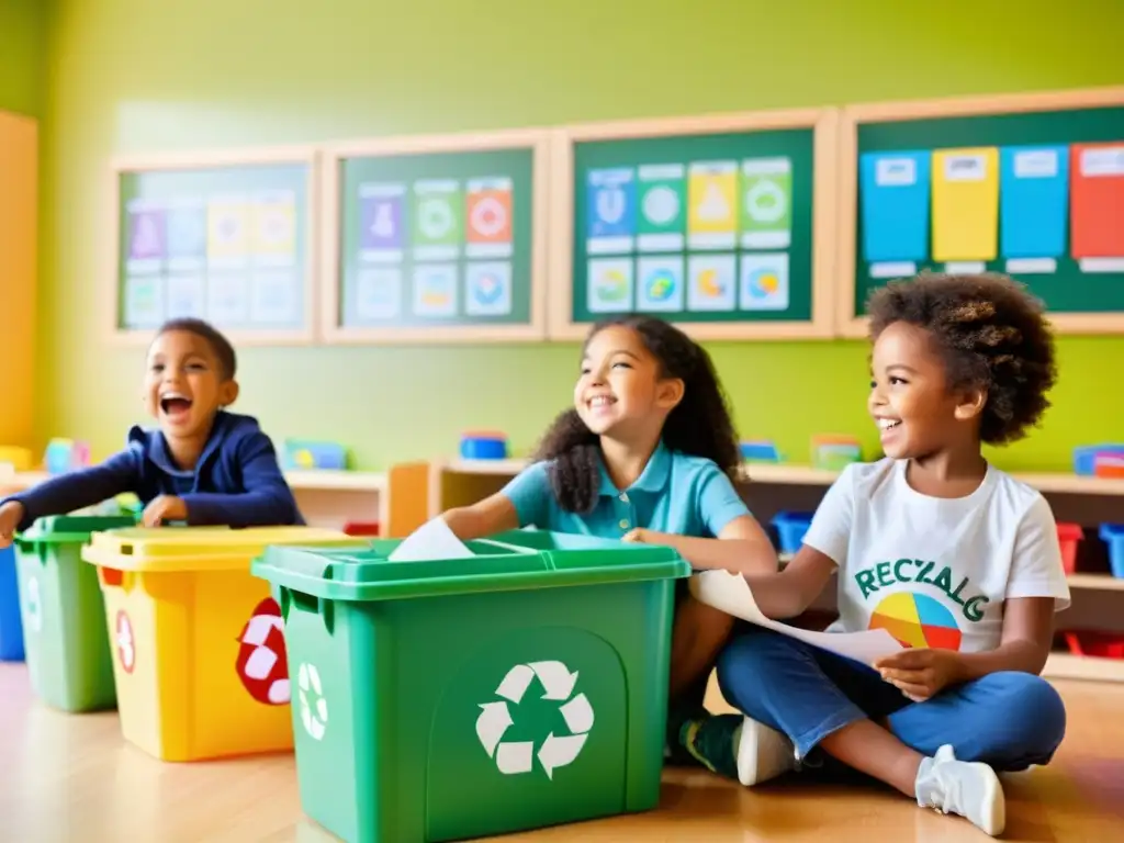 Niños entusiasmados juegan con contenedores de reciclaje en aula moderna