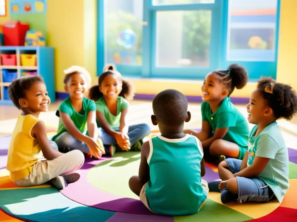 Niños participan con entusiasmo en actividades didácticas reciclaje infantil en aula colorida