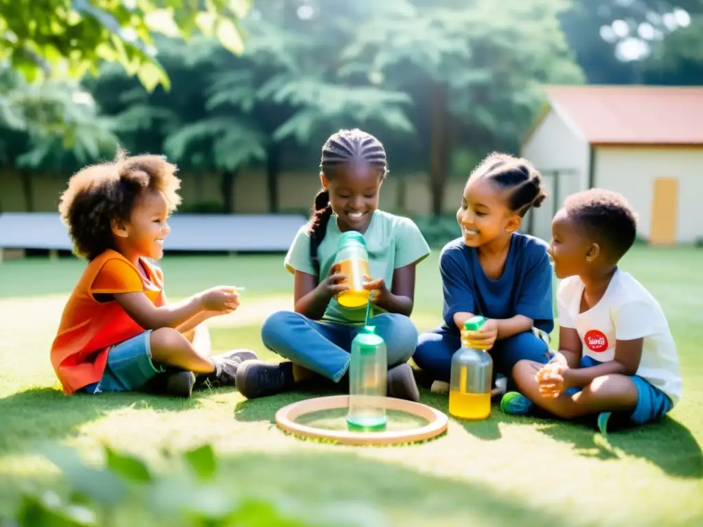 Niños entusiastas participan en actividades educativas reciclaje hogar, creando arte con materiales reciclados en un campo rodeado de árboles