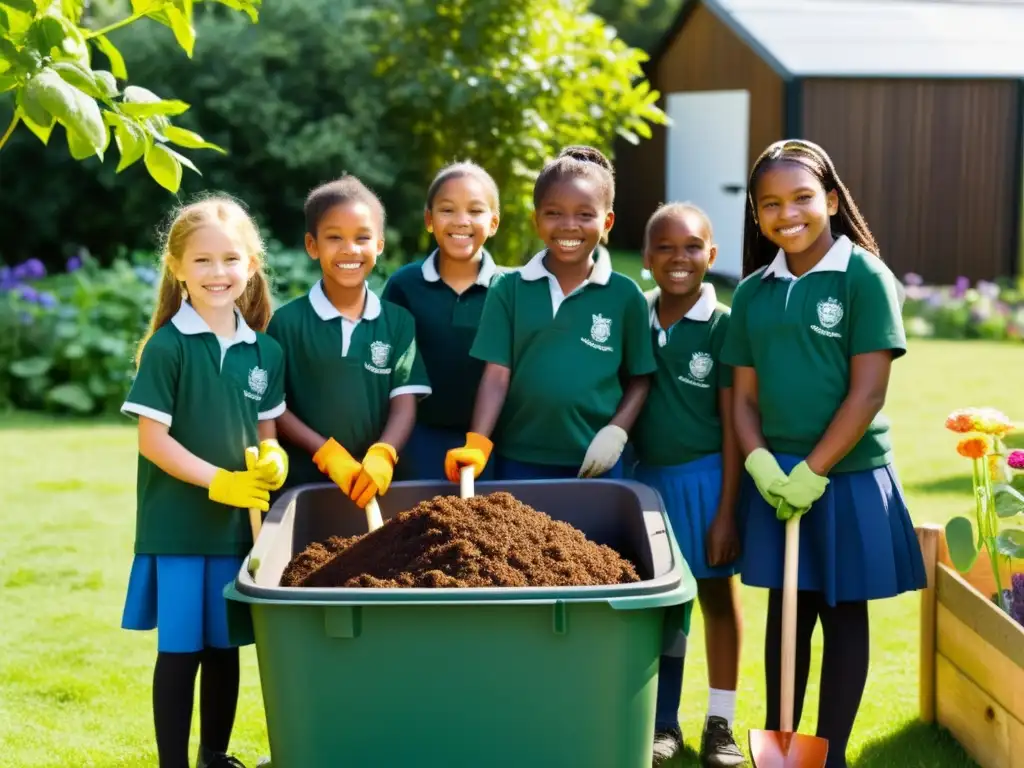 Niños entusiastas en el espacio de compostaje del patio escolar, rodeados de naturaleza exuberante y sol brillante