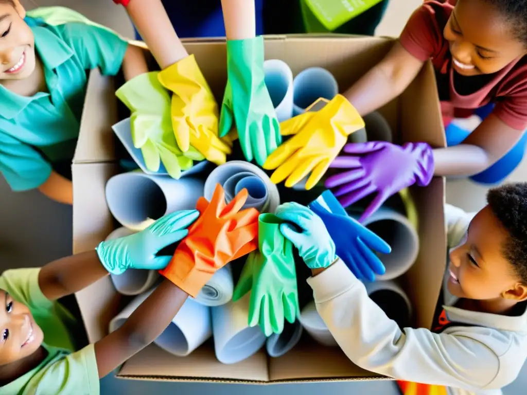 Niños entusiastas separando y reciclando materiales juntos en un centro brillante y organizado