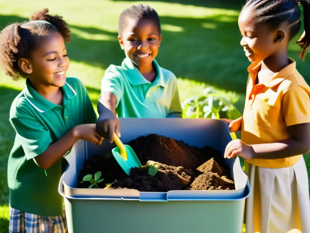 Niños en jardín escolar realizan compostaje en escuelas sostenibles, rodeados de naturaleza y educación ambiental