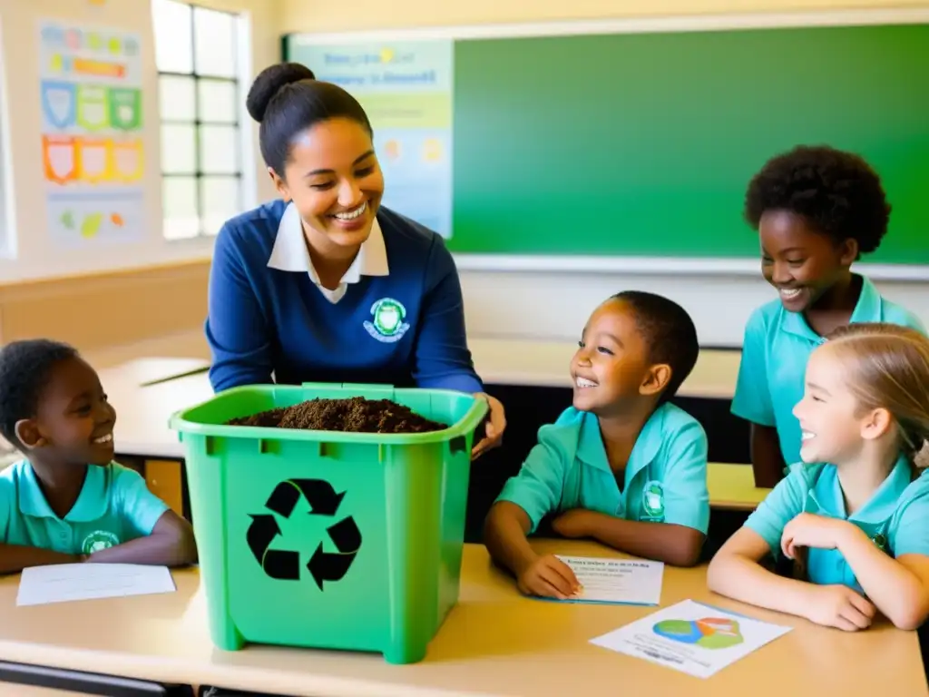 Niños escolares participan en actividad de compostaje y reciclaje en aula luminosa