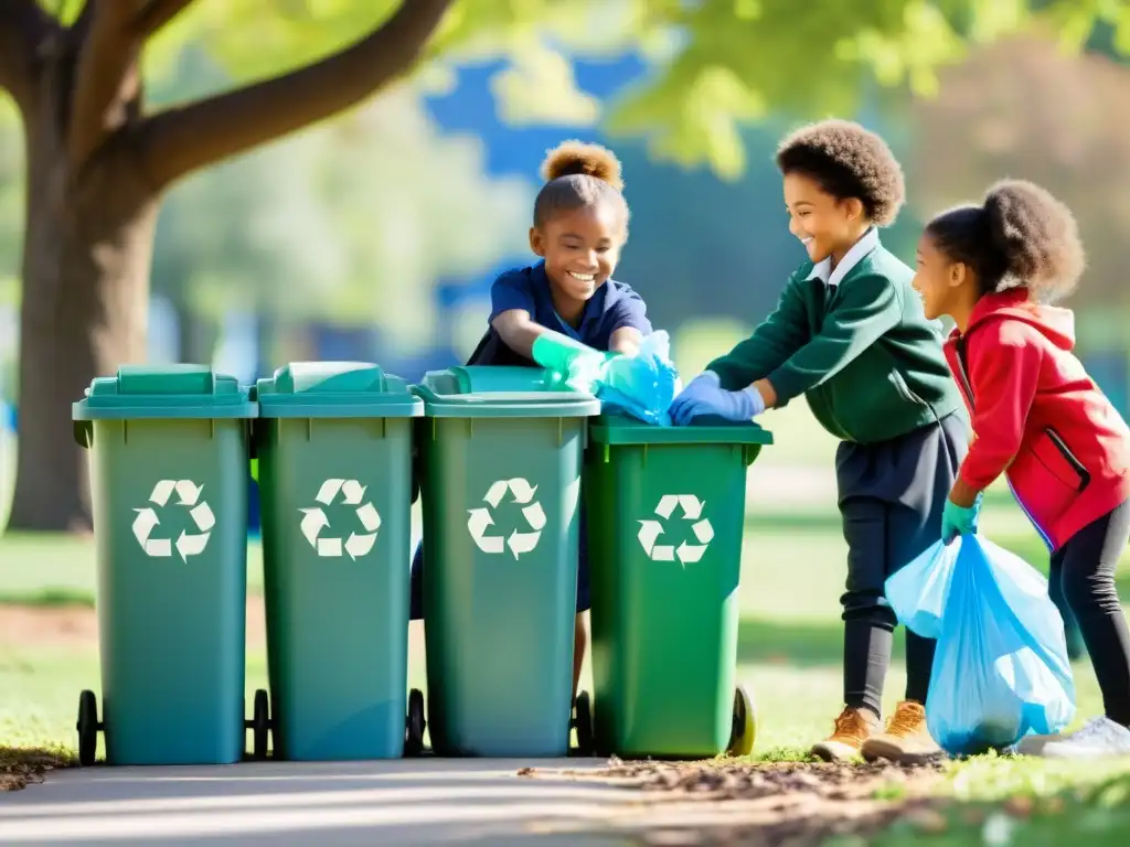 Niños escolares recogiendo basura en un parque soleado, con árboles altos y contenedores de reciclaje