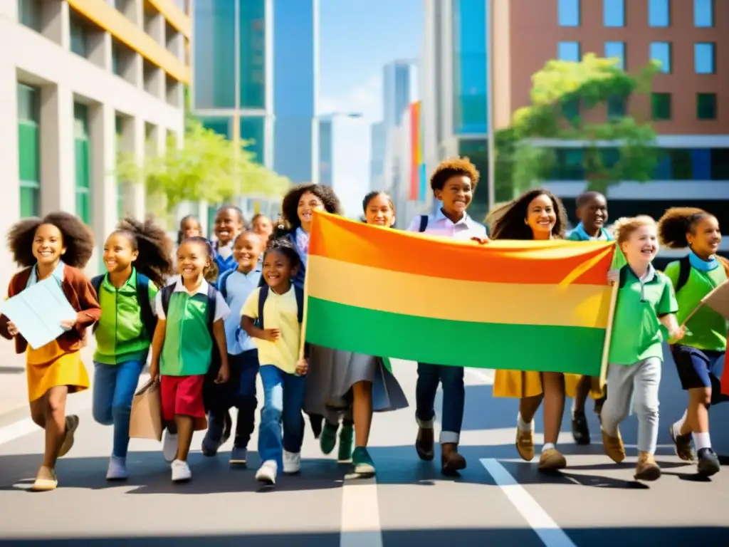 Niños escolares desfilan en la ciudad con moda sostenible en proyectos escolares, luciendo sonrisas y creaciones ecoamigables