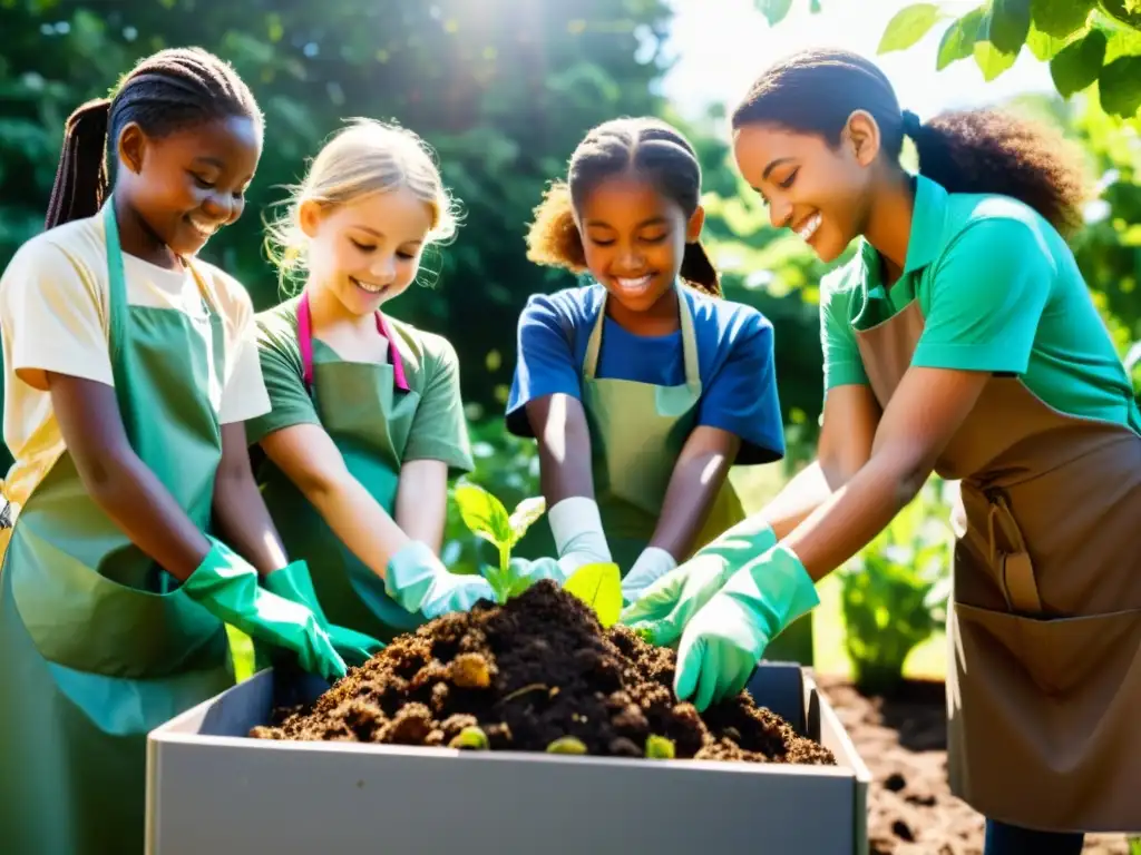 Niños escolares colaboran en compostaje escolar para promover sostenibilidad, rodeados de naturaleza vibrante y luz del sol filtrada entre los árboles