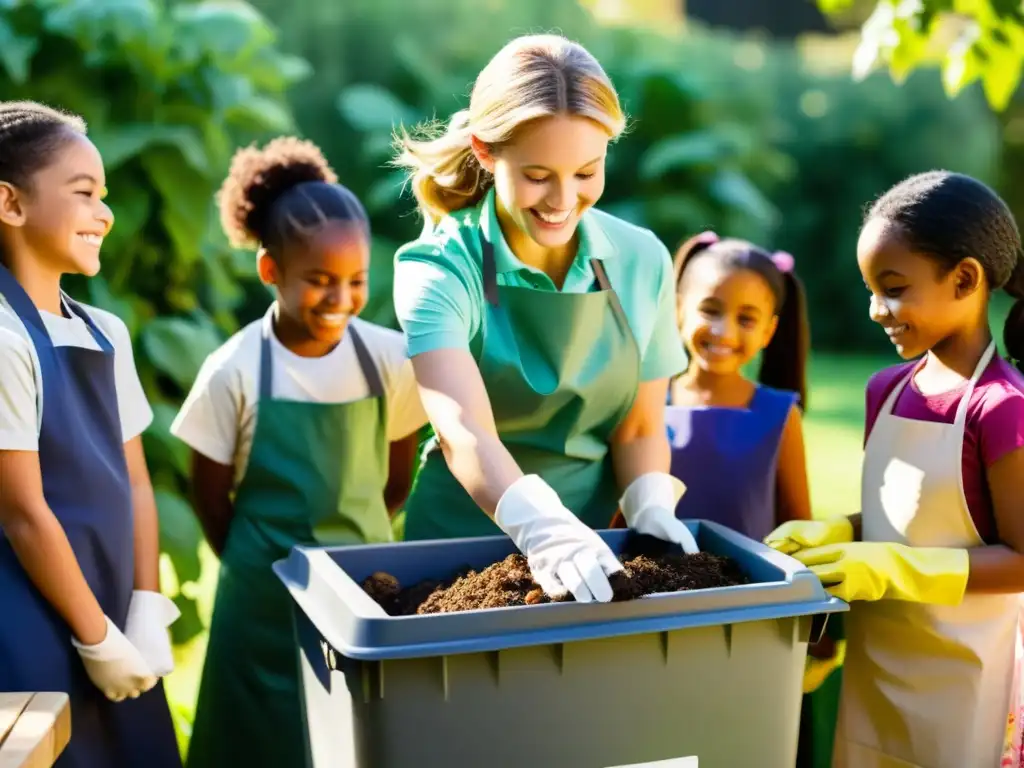 Niños escolares aprenden sobre compostaje escolar para promover sostenibilidad en el jardín de la escuela, añadiendo alimentos al compost