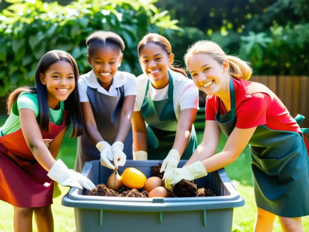 Niños escolares felices reciclando residuos orgánicos en el jardín de la escuela, fomentando la sostenibilidad y la comunidad