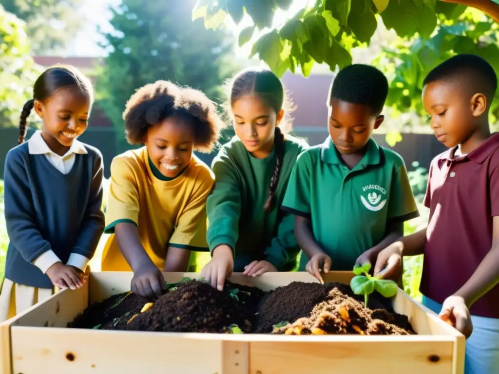 Niños de escuela cooperan en compostaje, aprendiendo sobre cuidado ambiental