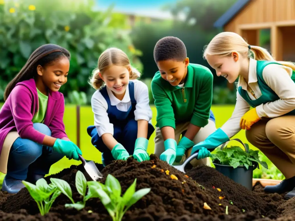 Niños de escuela diversa trabajan juntos en el compostaje escolar para promover sostenibilidad, rodeados de plantas y flores coloridas