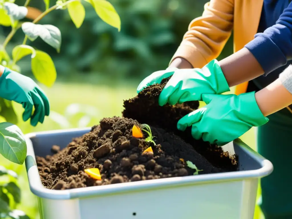 Niños de escuela diversa trabajan juntos en un jardín escolar, fomentando el compostaje en escuelas sostenibles