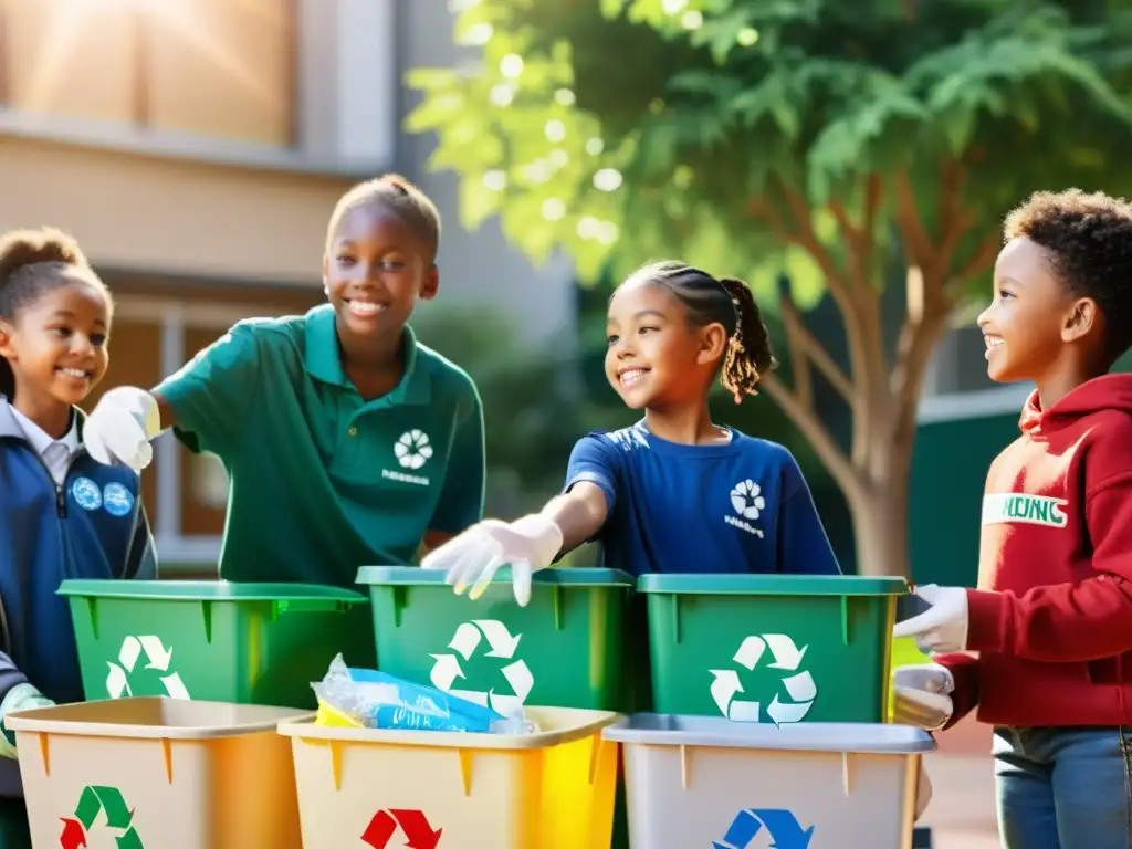 Niños en la escuela reciclando con entusiasmo y cuidado