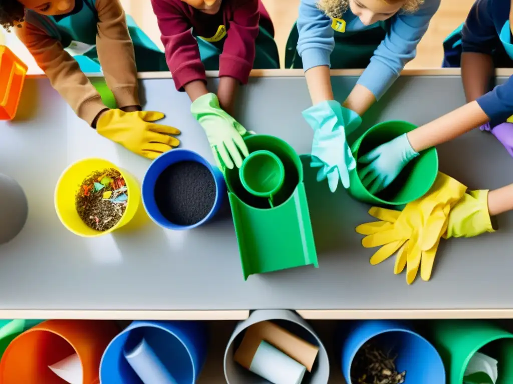 Niños de escuela trabajan juntos para reciclar en un aula moderna, transmitiendo la cultura del reciclaje en las escuelas