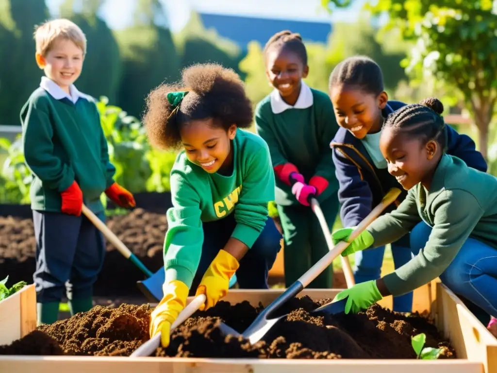 Niños de escuela trabajan juntos en compostaje escolar para promover sostenibilidad, con expresiones enfocadas y fondo de naturaleza vibrante