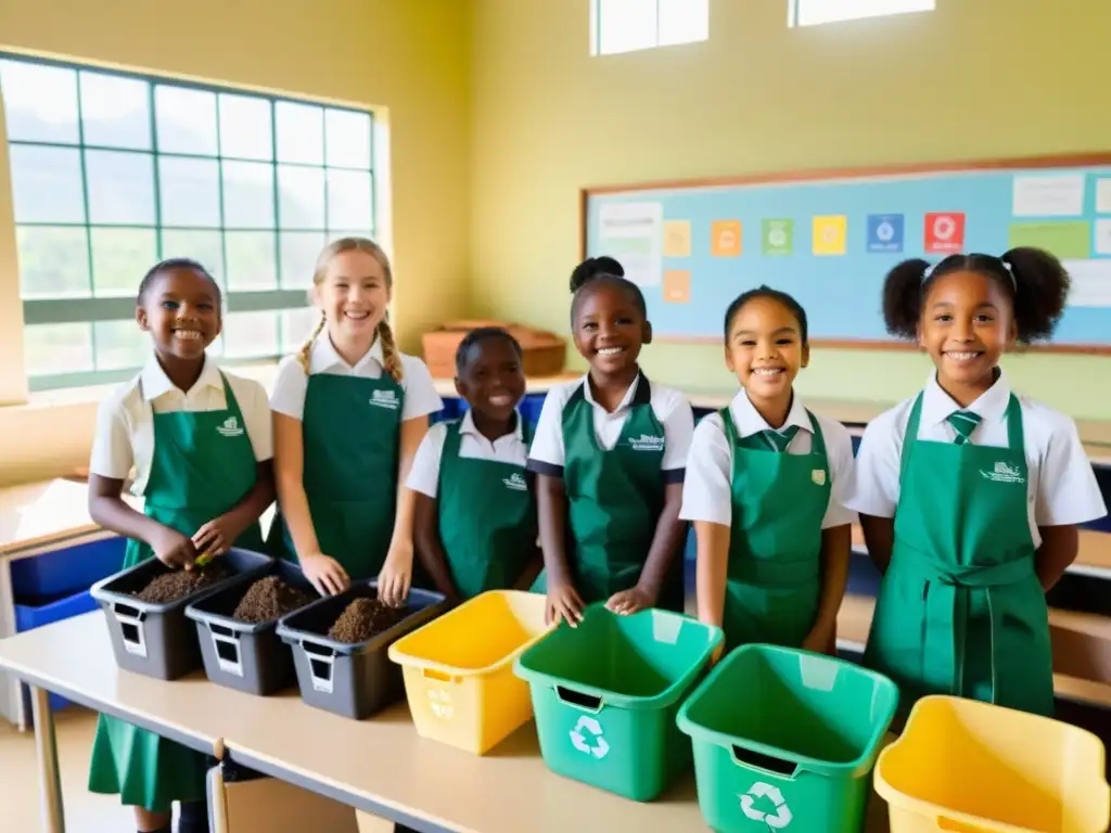 Niños de escuela colaboran sonrientes en un aula luminosa, rodeados de materiales de reciclaje, promoviendo el compostaje y reciclaje en escuelas