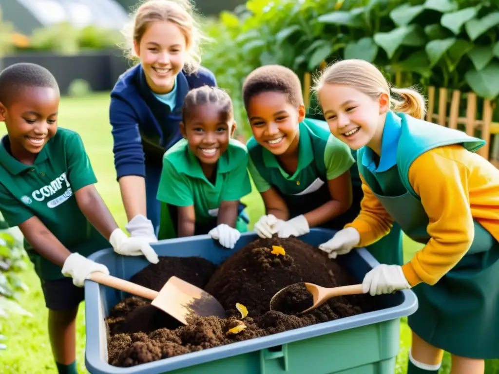 Niños de escuela sostenible observan y mezclan compostaje en su jardín, bajo el cálido sol